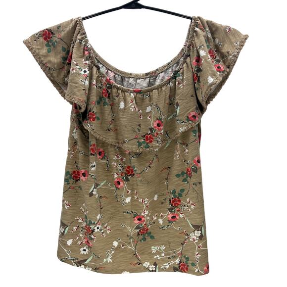 St John's Bay Cotton Polyester Rayon Tan Floral Pull-On Shirt Women 1X - Picture 1 of 5